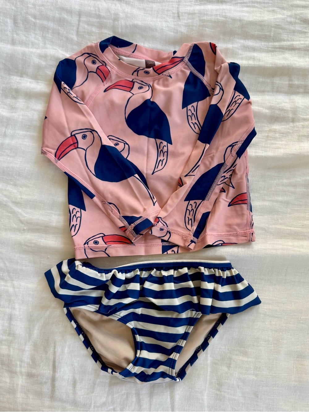 Tea Collection Girls 2T Pink Toucan Rashguard Set with Navy Stripes